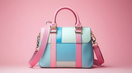 Colorful patchwork handbag with pink, blue, green and yellow hues and pink handles against pink and blue split background