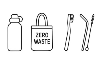 Zero Waste Icons Outline Set, Eco-Friendly Lifestyle Vector Illustrations, Reusable Water Bottle, Cloth Tote Bag, Bamboo Toothbrush, Metal Straw, Sustainable Living, Cartoon Style