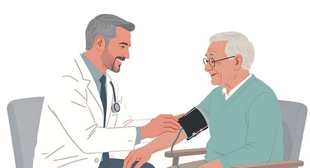 Obraz premium Friendly Male Doctor Measures Blood Pressure of Smiling Senior Man During Routine Medical Check-up, Elderly Patient Care Illustration
