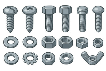 Various types of metallic fasteners including screws, bolts, washers, nuts, and wing nuts, realistic vector cartoon illustration on neutral background for industrial and mechanical use
