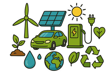 Eco-friendly vector symbols illustrating renewable energy, electric vehicles, sustainability concepts with wind turbines, solar panels, water drops, earth and recycling icons in vibrant cartoon style