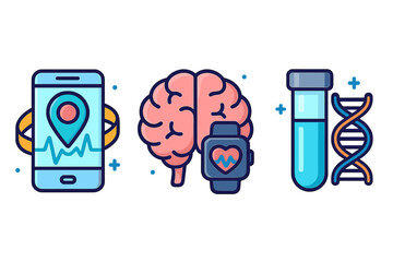 Innovative Health Technology Icons Illustrating Tracking, Brain Health Monitoring, and Gene Analysis in a Modern Flat Vector Cartoon Style with Transparent Background