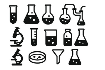Laboratory Equipment Icons Set for Science and Chemistry Projects, Vector Illustration with Microscope, Test Tubes, Flasks, Beakers, Petri Dish, and Funnel on Transparent Background