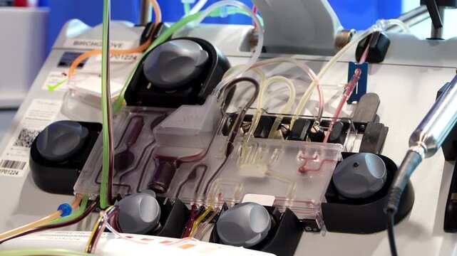 Locked Off Medium Side Angle of Apheresis Machine in Operation. blood donation machine working in a clinical setting. The medical device processes blood for plasma, platelet, and stem cell collection.