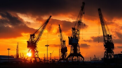 Silhouette of cranes in industrial area against a vibrant sunset sky with clouds