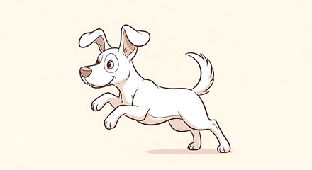 A cartoon illustration of a white dog joyfully leaping forward with a happy expression.