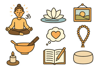 Mindfulness and meditation symbols for relaxation, self-reflection, and inner peace with calming icons of yoga, lotus flower, candle, journal, mala beads, and serene decor in vector cartoon style