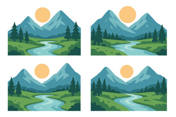 Serene Mountain Landscape Vector Illustration with Varied River Paths, Pine Trees, and Radiant Sun in Cartoon Style, Nature Scene, Outdoor Scenery, Peaceful Environment