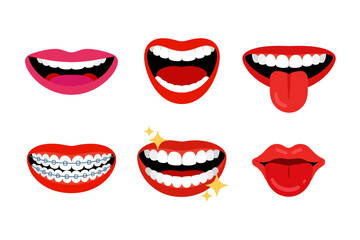 Bright smile icon collection, glossy lips open mouth, sparkling teeth, orthodontic braces styled, red lips kiss, dental health vector set
