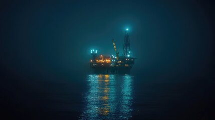 Offshore sea oil platform at night. Illuminated natural gas and oil rig in the ocean by the coast