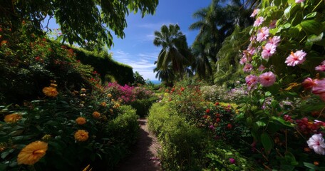 Panoramic garden walk tropical paradise hdr