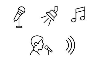 Solo vocal performance icon set with microphone stand, spotlight, musical note, singer silhouette, and sound waves. Outline vector graphics for music, stage, karaoke, recording, and audio concepts.