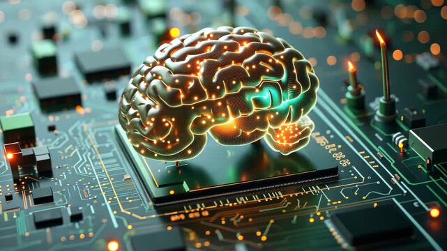 AI brain glowing on microchip circuit board