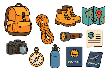 Travel essentials for adventure seekers with hiking boots, climbing rope, compass, flashlight, passport, camera, water bottle, map, and travel documents. Vector cartoon illustration kit.