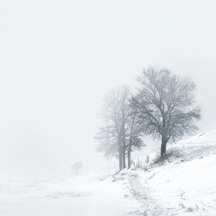 Snowy hill with bare trees shrouded in white fog on a cold, overcast winter day