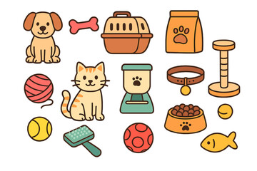 Unique Collection of Pet-Related Items Including Dogs, Cats, Toys, Gadgets, Food Bowls, Collars, and Accessories in Minimalist Cartoon Vector Style with Transparent Background