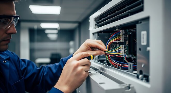 Focused IT Engineer Repairing Server Hardware with Screwdriver and Colorful Wires in Data Center Environment