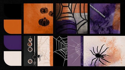 Collection of Halloween Themed Spider Web and Spider Illustrations with Orange Purple and Black Colors