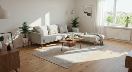 Modern Living Room Interior with Sofa Plants and Sunlight.