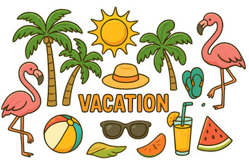 Vibrant Vacation-Themed Summer Illustration with Tropical Palm Trees, Pink Flamingos, Beach Accessories, Sun, Sunglasses, Beach Ball, Refreshing Drink, and Watermelon Slice - Vector Cartoon Style