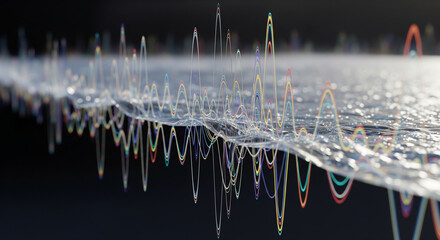 Futuristic 3D visualization of a complex data stream with vibrant, colorful peaks and valleys on a dark background