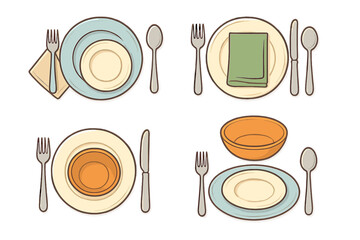 Artistic vector illustration of various elegant table settings with plates, bowls, cutlery, napkins on clean transparent background, cartoon style ordered set