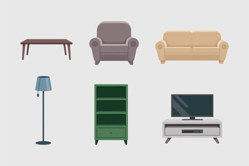 Living room furniture icons, sofa armchair coffee table floor lamp media console, home entertainment shelf, cozy interior decor element illustrations
