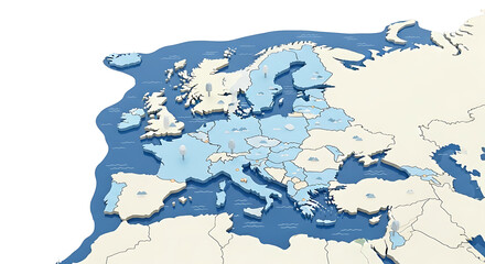 A stylized 3D map of Europe, highlighting countries in light blue against a cream-colored background, with a focus on the continent's geography and borders.