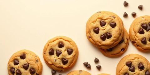 Creamy backdrop showcasing several warm, gooey chocolate chip cookies,  bakery,  closeup