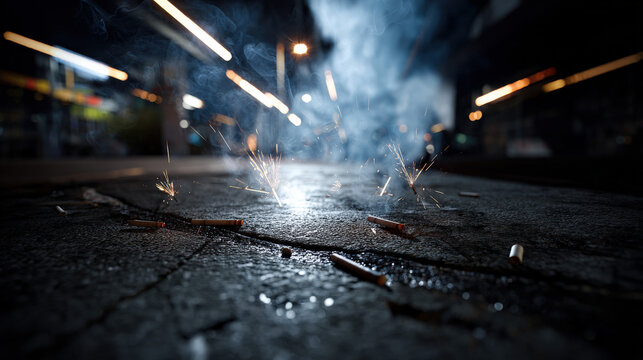 Close-up cracked asphalt with debris and rising smoke, blurred light streaks implying fast movement in chaotic urban setting