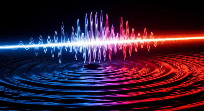 Conceptual illustration of sound propagation and frequency modulation with a vibrant light wave reflecting on a liquid surface