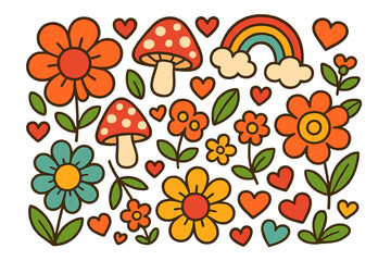 Bright and cheerful vector design with colorful flowers, whimsical mushrooms, hearts, and a vibrant rainbow on a white background, cartoon style illustration, spring and love theme