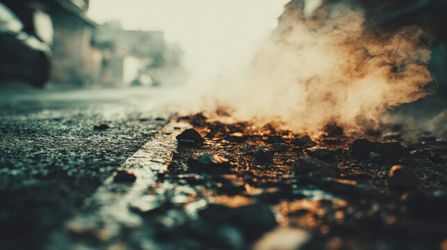 Close-up cracked asphalt with debris and rising smoke, blurred light streaks implying fast movement in chaotic urban setting