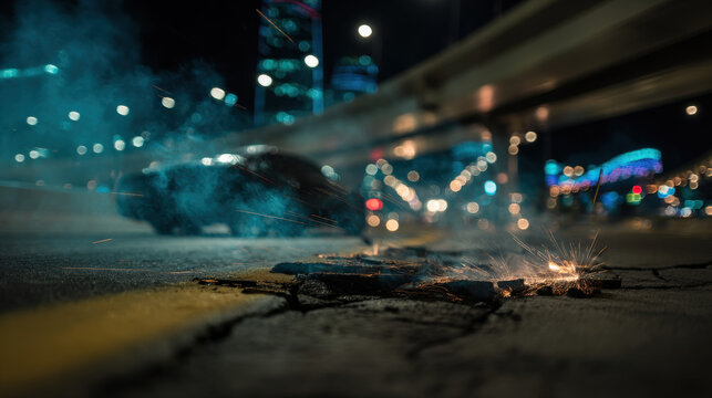 Close-up cracked asphalt with debris and rising smoke, blurred light streaks implying fast movement in chaotic urban setting