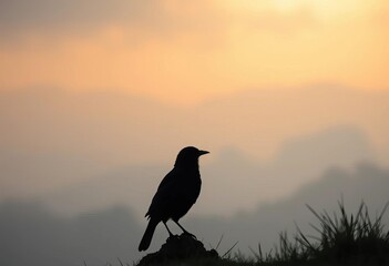 Dark bird silhouette against a misty, ethereal landscape,  nature,  light