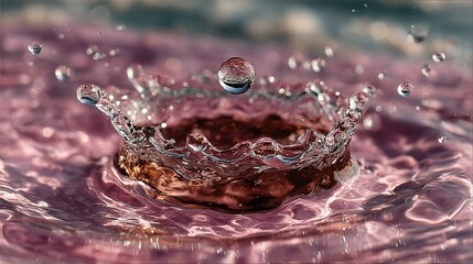 Water droplet impact creating a crown splash effect on a pink surface.