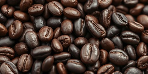 Fototapeta premium Dark, oily roasted coffee beans, close-up texture, macro, texture