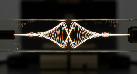 Conceptual visualization of a quantum energy field showing a complex glowing waveform in a scientific experiment