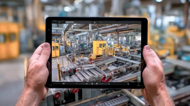 Worker using a tablet to monitor machinery operations in a large manufacturing facility