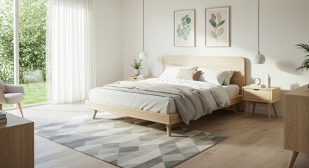 Modern Bedroom Interior with Bed Artwork and Rug.