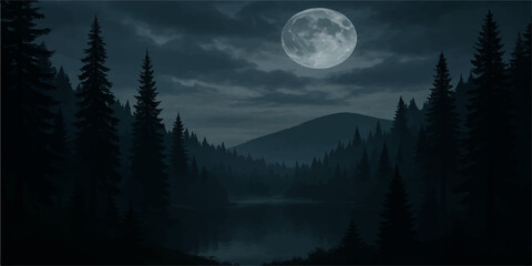 Moonlit night over a foggy forest with pine trees and clouds in the sky © Black Art