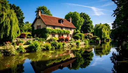 Obraz premium Picturesque cottage by a calm river