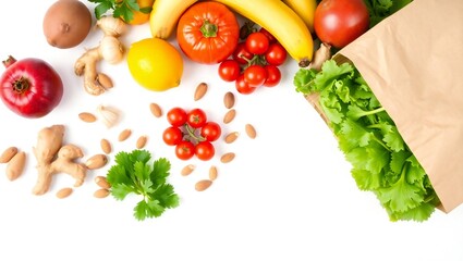 Fresh fruits vegetables and healthy ingredients scattered on a white background