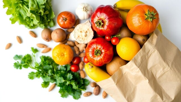 A colorful assortment of fresh fruits vegetables and nuts spilling from a paper bag