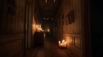 Dimly Lit Antique Hallway with Candles and Vintage Decor