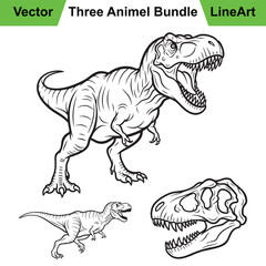 Three Ferocious T-Rex Poses as a Prehistoric Line Art Set