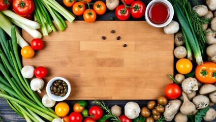 Fresh vegetables and ingredients arranged around a wooden cutting board