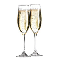 Two elegant champagne flutes filled with bubbly isolated on transparent background