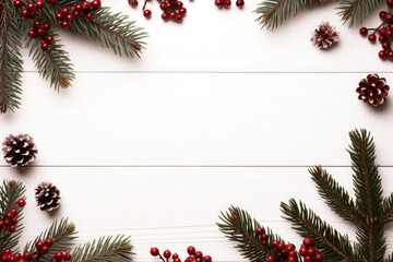 Christmas background with white wood texture and red berries on edges, flat lay top view with copy space in center for festive design and product presentation