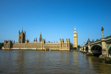 Big Ben and Houses of Parliament with Westminster Bridge and River Thames in London
